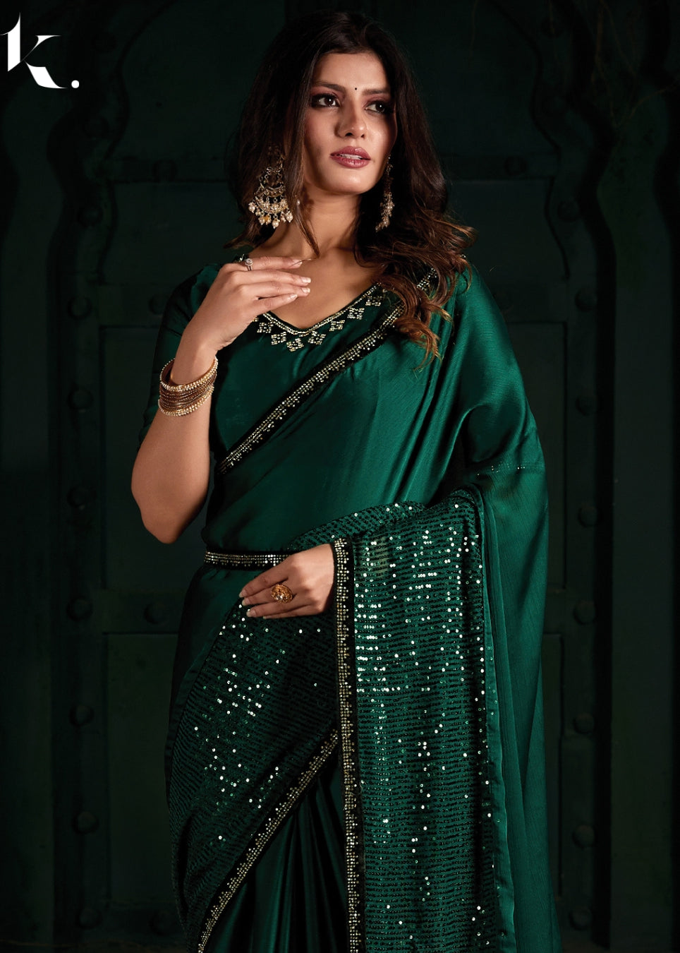 Green Satin Chiffon Fabric With Sequins Work Wedding Wear Saree