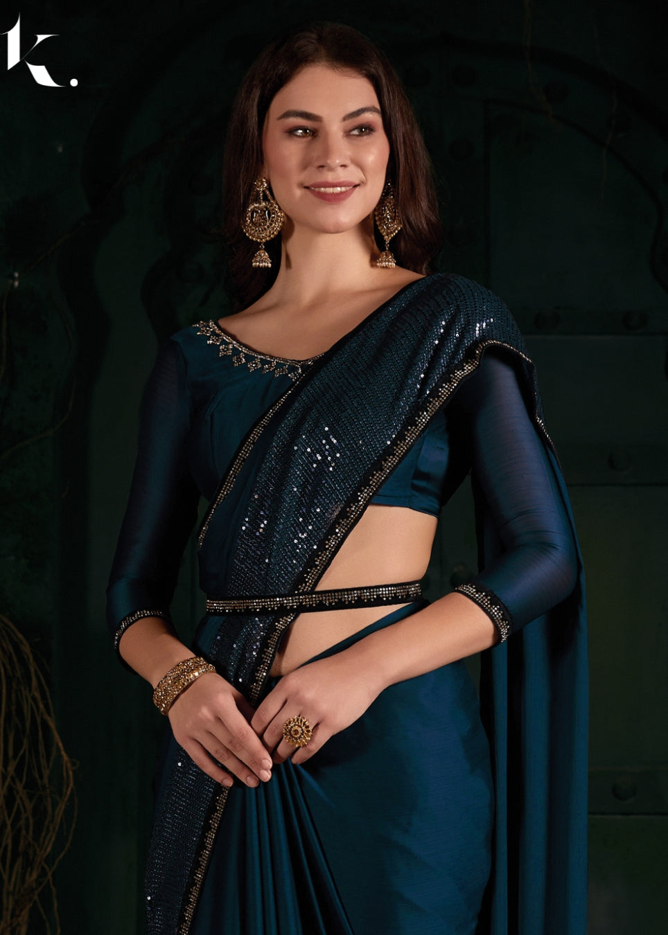 Teal Blue Satin Chiffon Fabric With Sequins Work Wedding Wear Saree