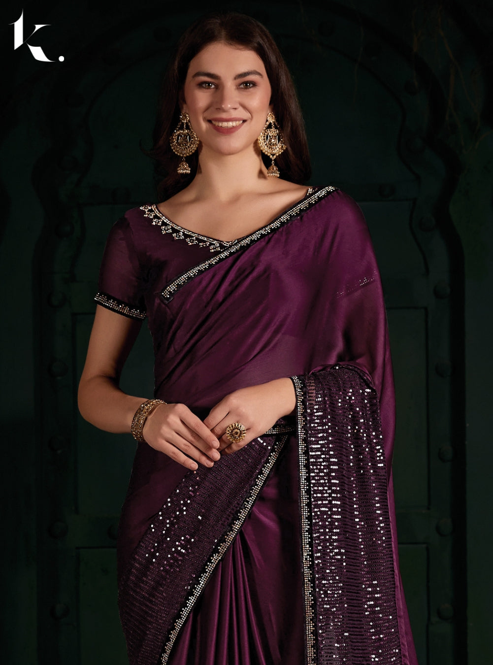 Wine Satin Chiffon Fabric With Sequins Work Wedding Wear Saree