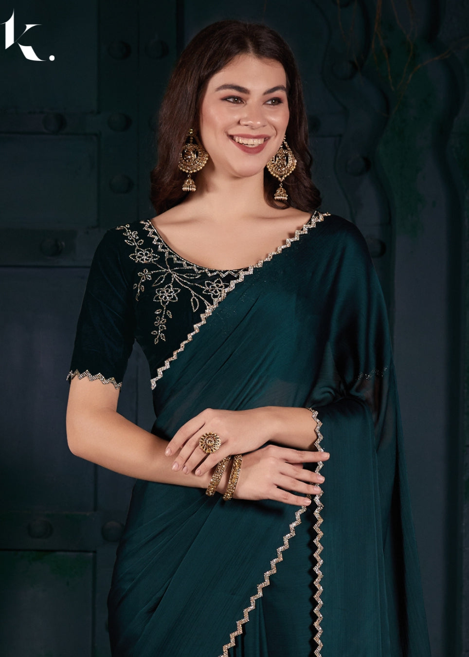 Green Satin Chiffon Fabric With Stone Work Festival Wear Saree