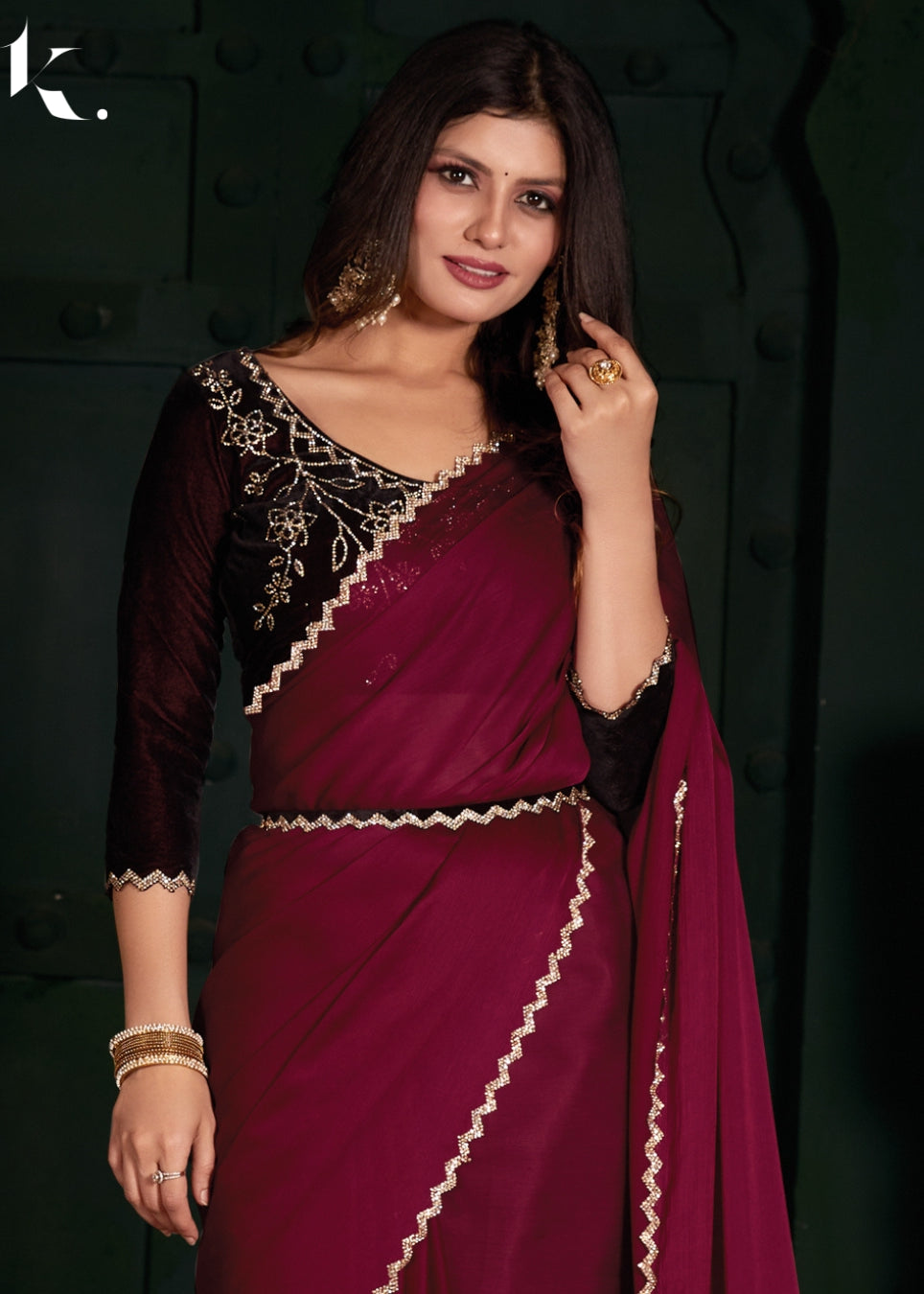 Maroon Satin Chiffon Fabric With Stone Work Festival Wear Saree