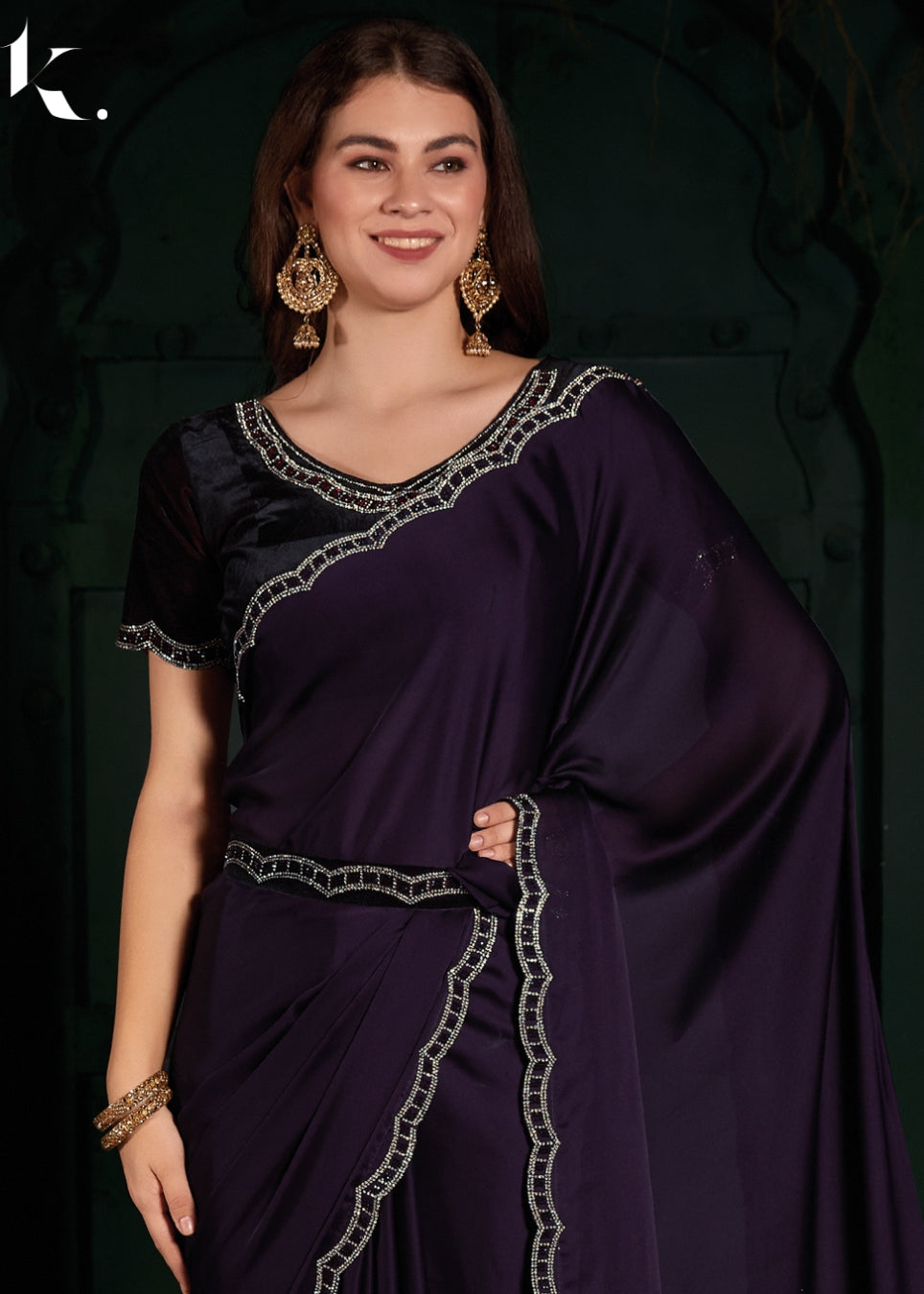 Violet Satin Georgette Fabric With Stone Work Festival Wear Saree