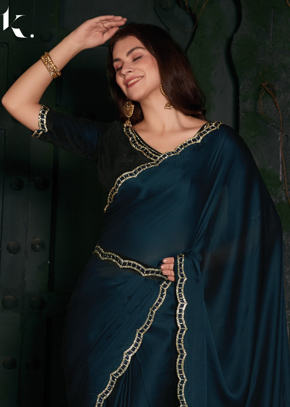 Teal Blue Satin Georgette Fabric With Stone Work Festival Wear Saree