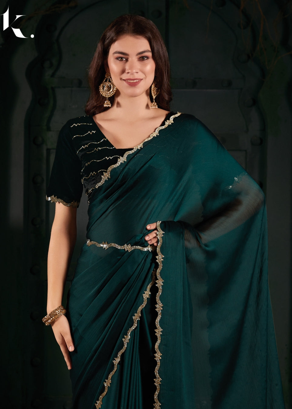 Teal Green Satin Chiffon Fabric With Stone Work Farewell Wear Saree