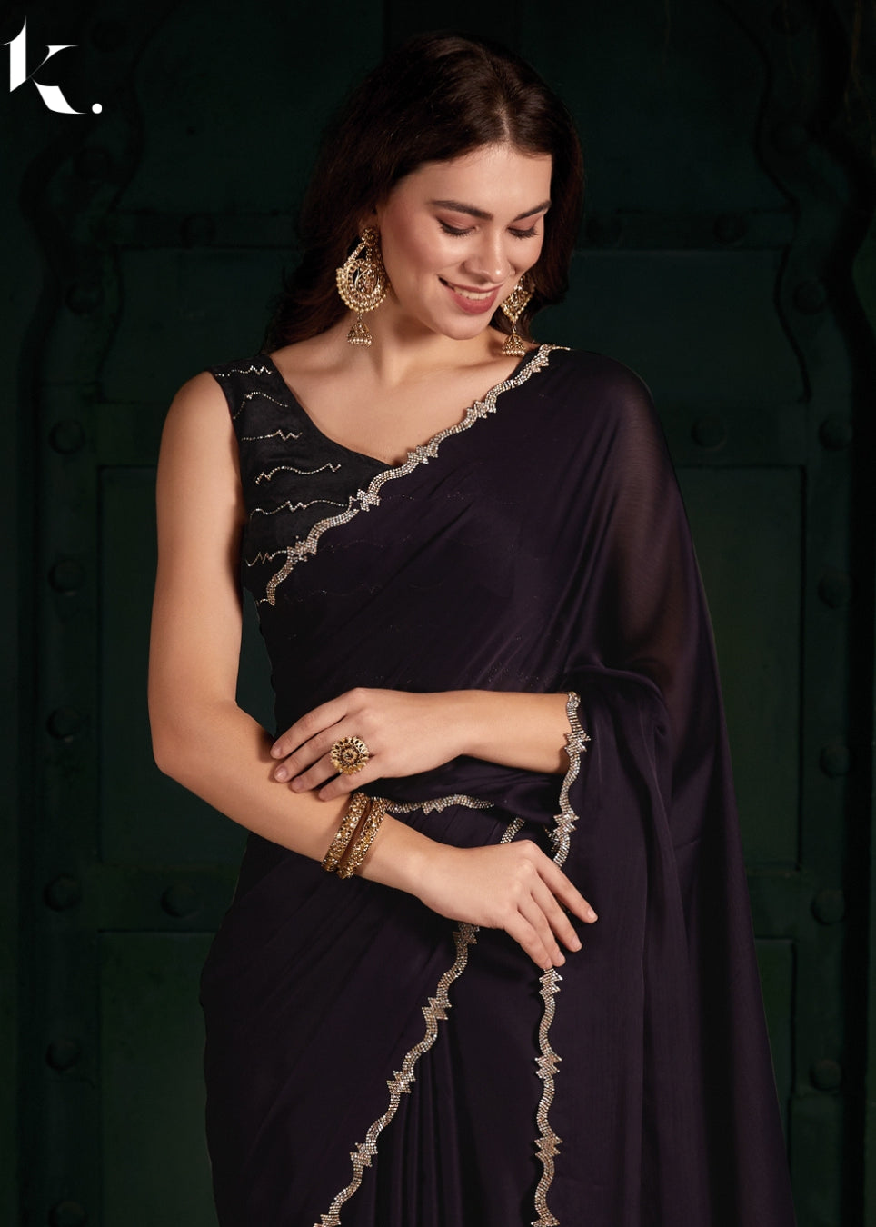 Violet Satin Chiffon Fabric With Stone Work Farewell Wear Saree