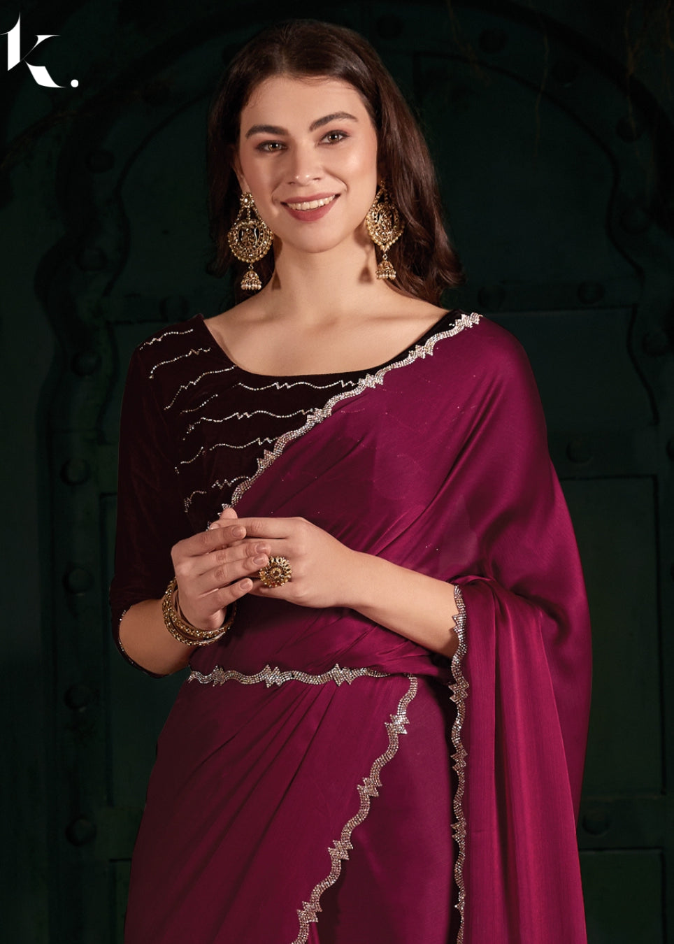 Pink Satin Chiffon Fabric With Stone Work Farewell Wear Saree