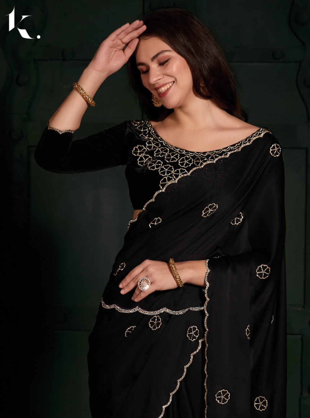 Black Satin Georgette Fabric With Stone Work Wedding Wear Saree