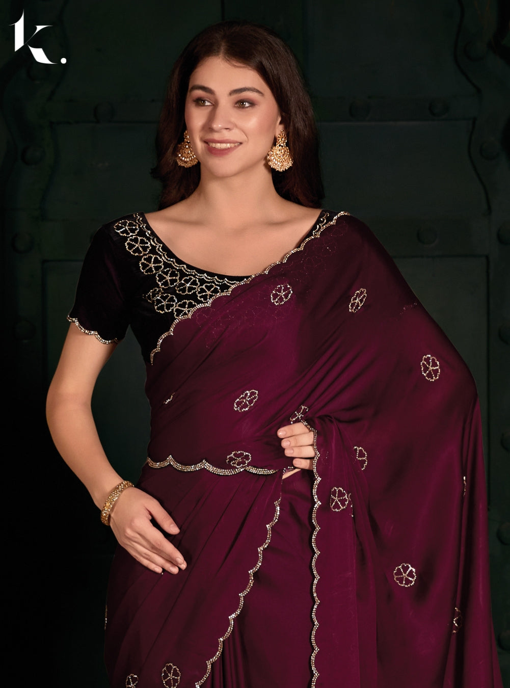 Maroon Satin Georgette Fabric With Stone Work Wedding Wear Saree