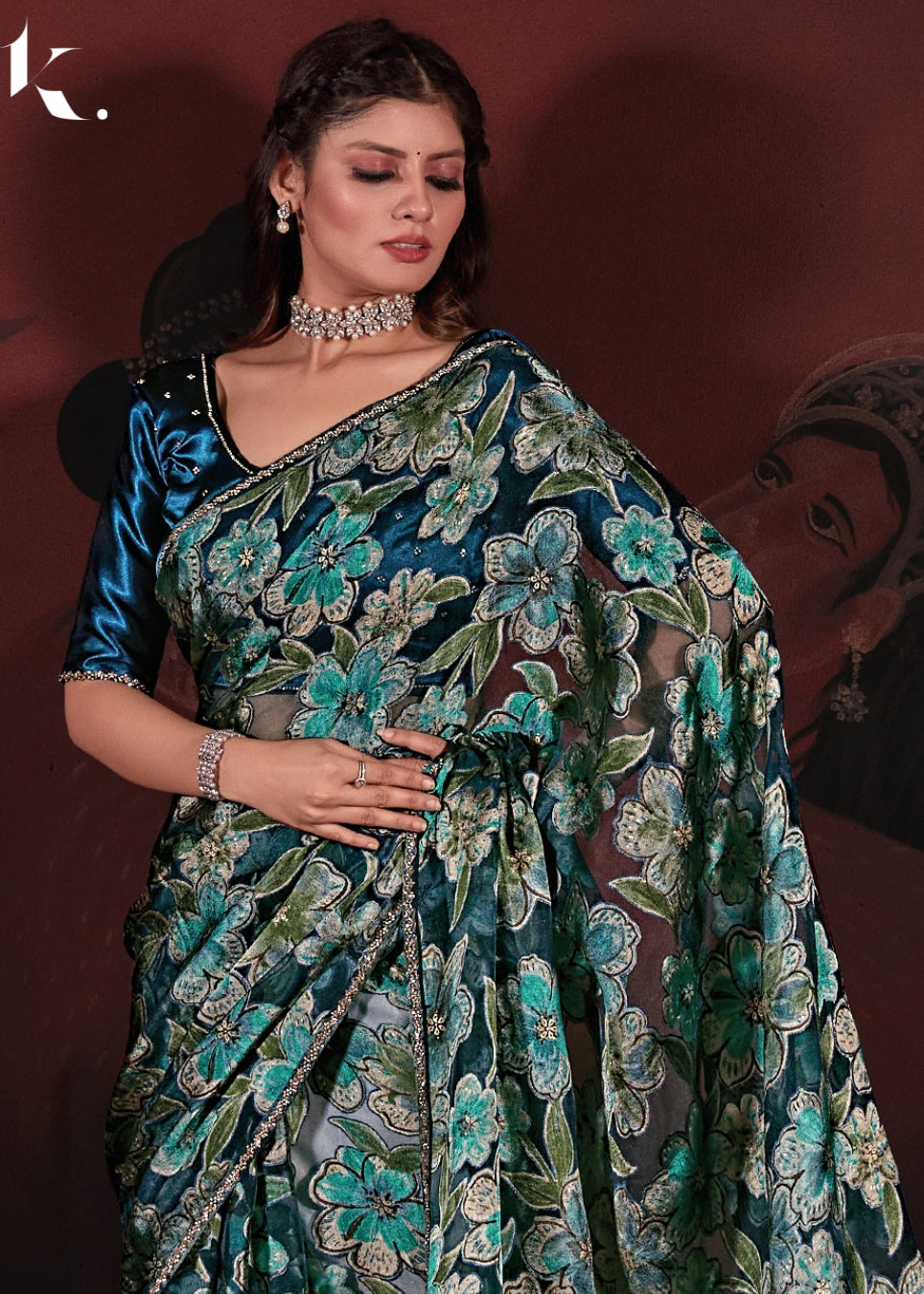 Teal Blue Organza Brasso Fabric With Stone Work Party Wear Saree