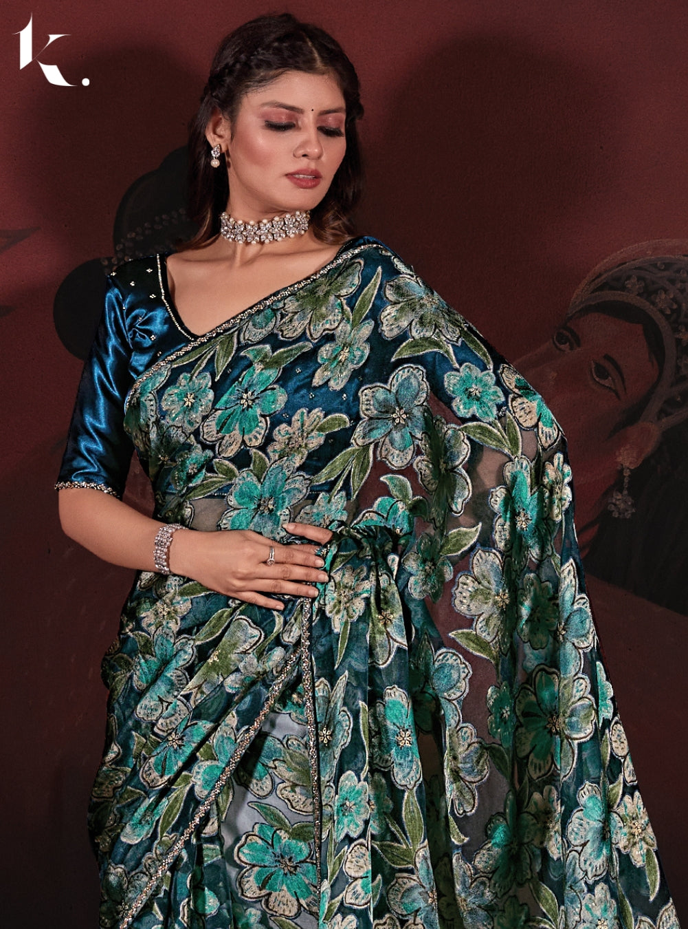 Teal Blue Organza Brasso Fabric With Stone Work Party Wear Saree
