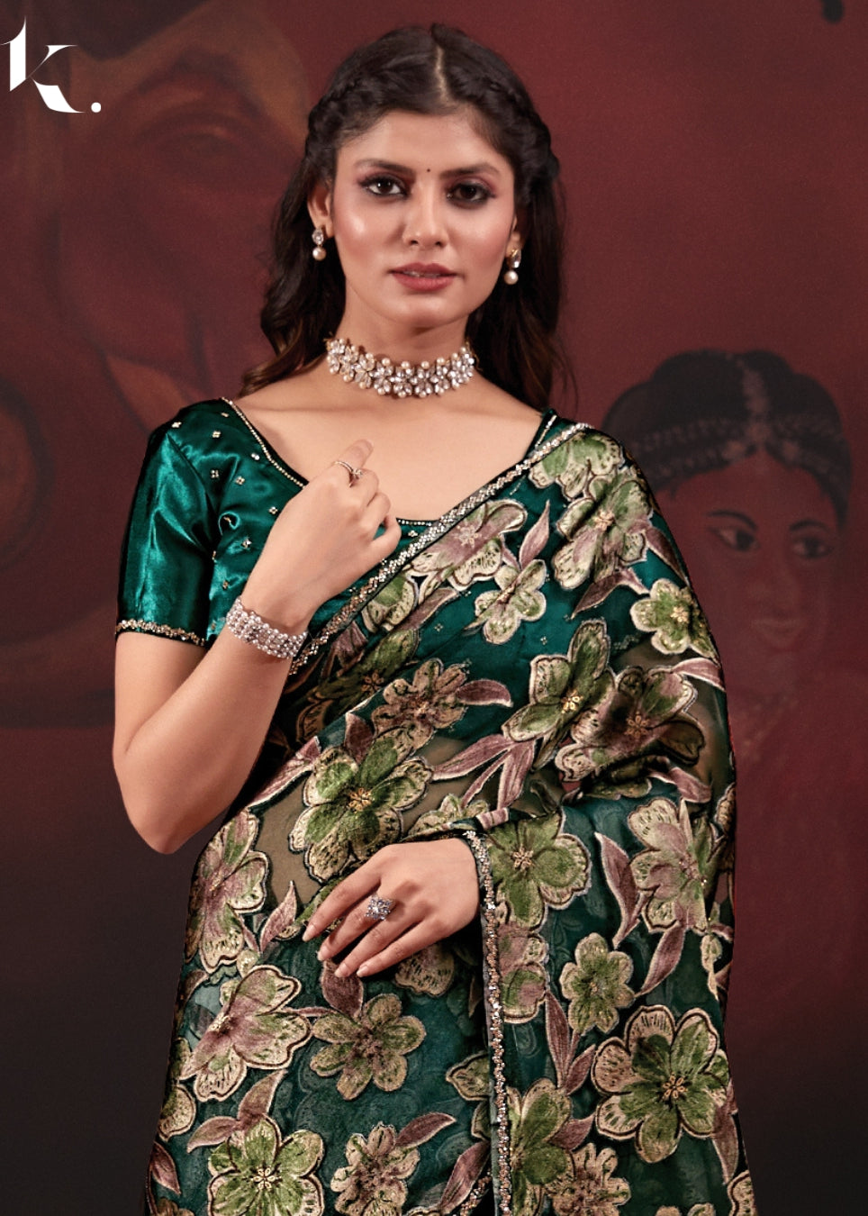 Green Pure Organza Brasso Fabric With Elegant Handwork Zircon Border Party Wear Saree