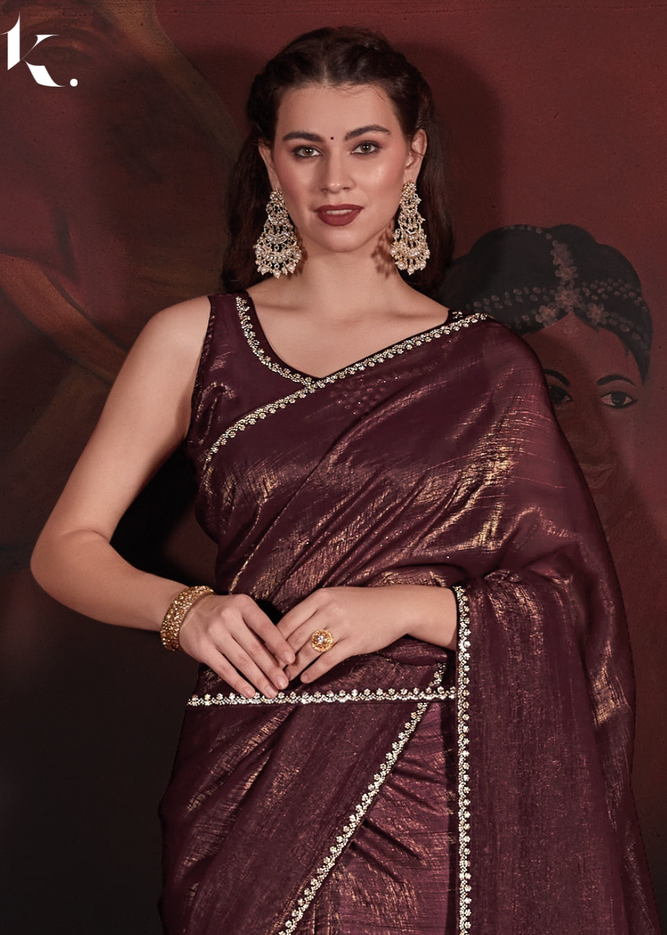 Maroon Shiny Self Crush Effect Jari Fabric With Handwork Zircon Border Saree for Wedding