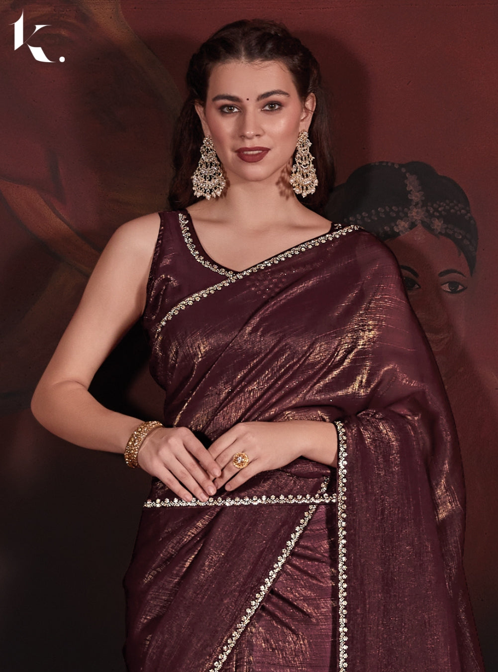 Maroon Shiny Self Crush Effect Jari Fabric With Handwork Zircon Border Saree for Wedding