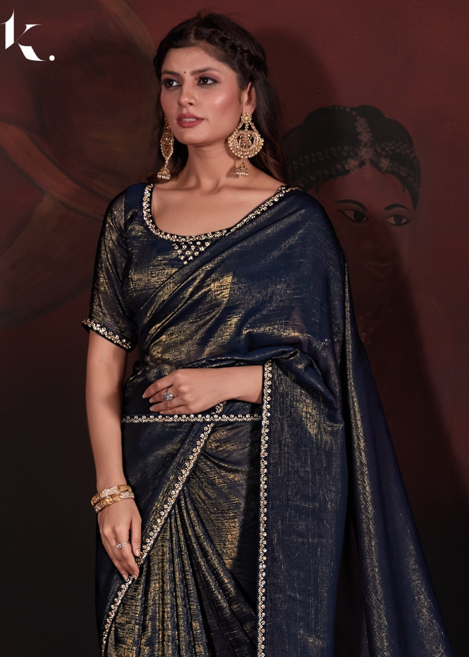 Navy Blue Shiny Self Crush Effect Jari Fabric With Handwork Zircon Border Saree For Wedding