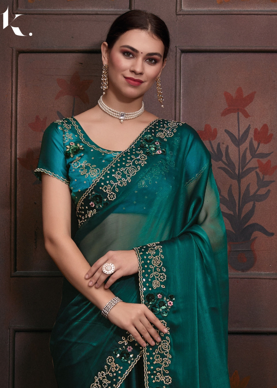 Teal Green Burberry Silk With Sequined Patch Work Wedding Wear Saree