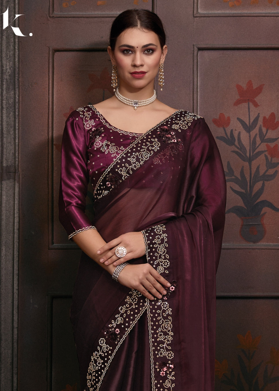 Maroon Burberry Silk With Sequined Embroidered Stone work saree for Wedding