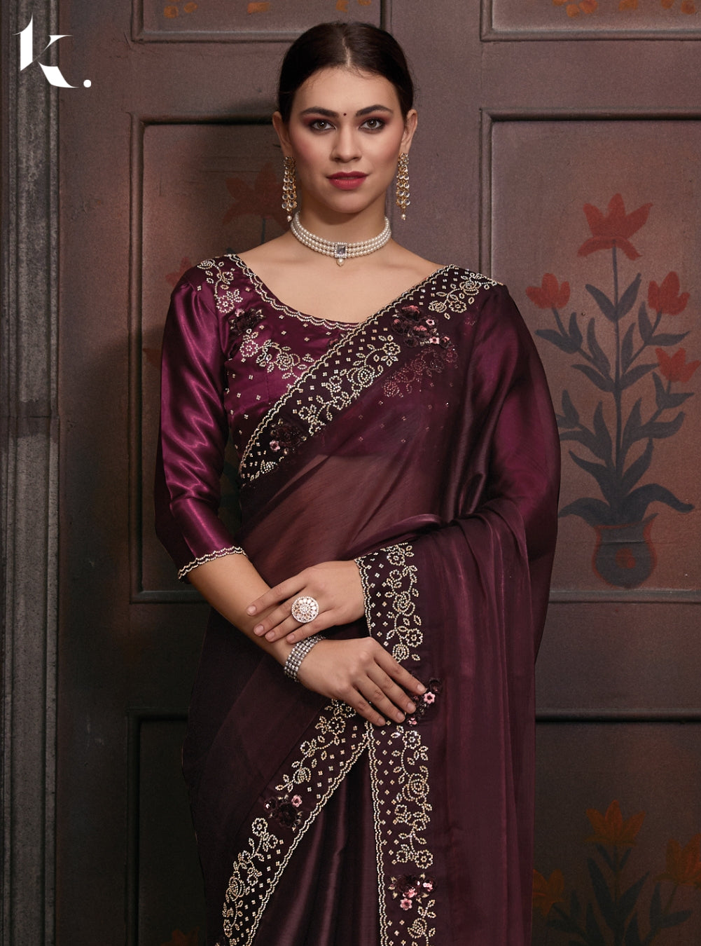 Maroon Burberry Silk With Sequined Embroidered Stone work saree for Wedding