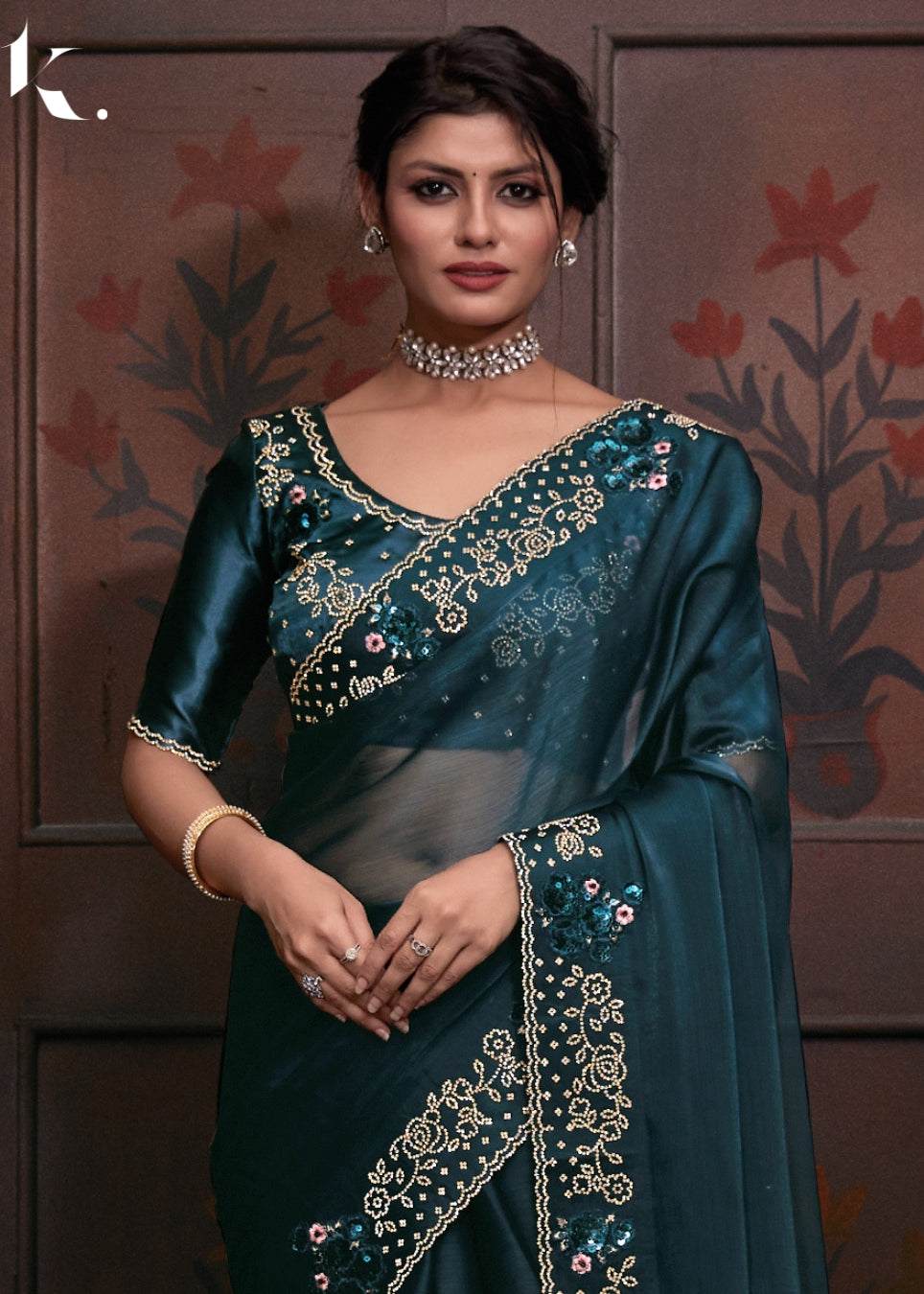 Teal Blue Burberry Silk With Sequined Patch Work Wedding Wear Saree