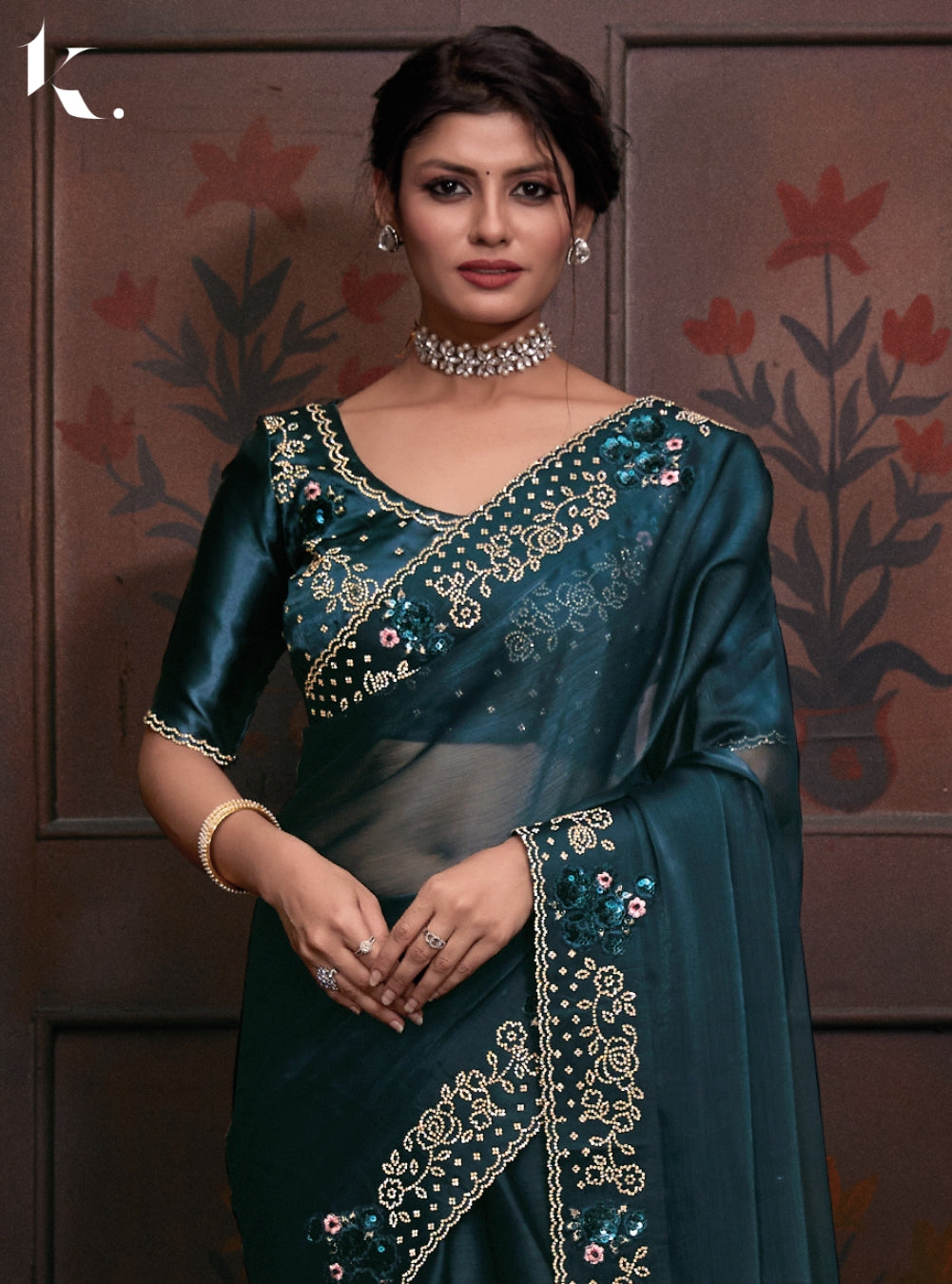Teal Blue Burberry Silk With Sequined Patch Work Wedding Wear Saree