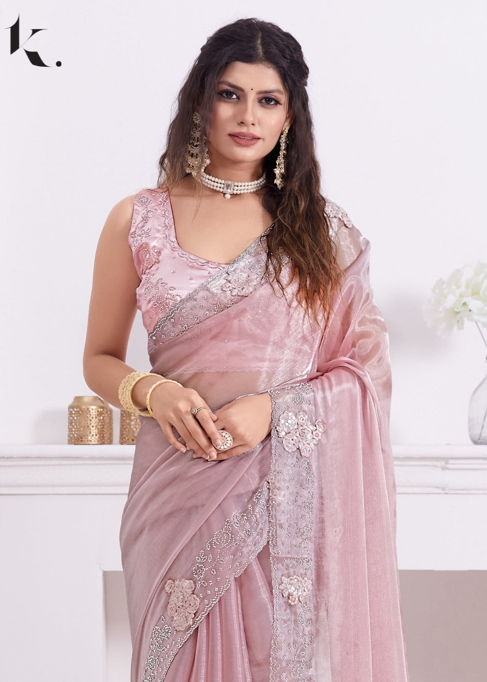 Party Wear Pink Burberry Silk Saree With Sequined Embroidered Patch Work And Zircon Border