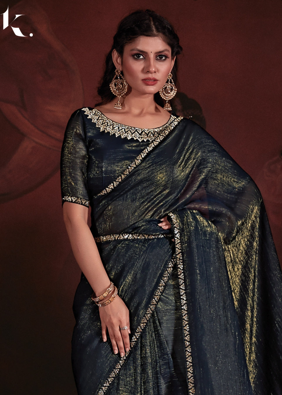 Navy Blue Shiny Crush Jari Silk With Zircon Border Party Wear Saree