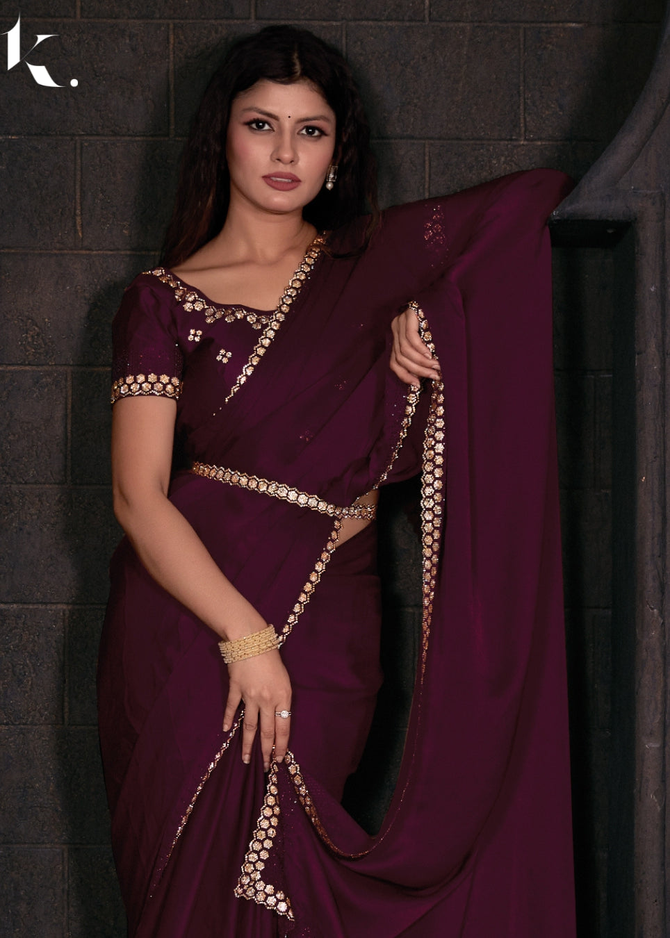 Wine Satin Georgette Fabric With Stone Work Festival Wear Saree