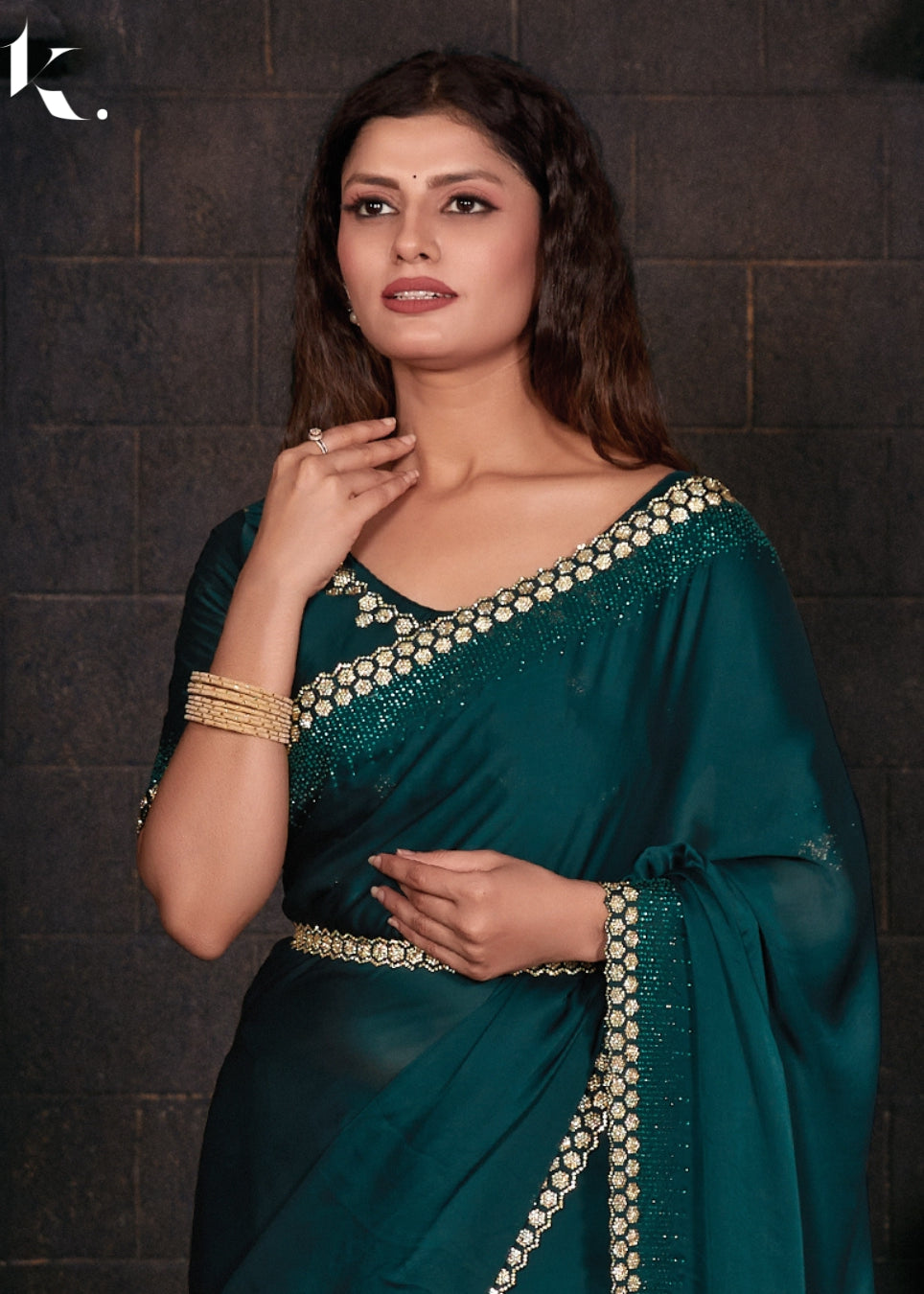 Green Satin Georgette Fabric With Stone Work Festival Wear Saree