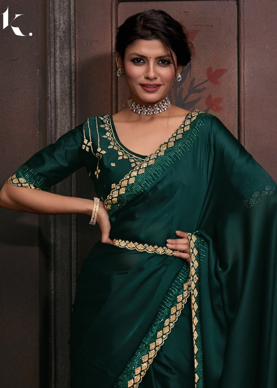 Teal Green Satin Georgette Fabric With Stone Work Festival Wear Saree