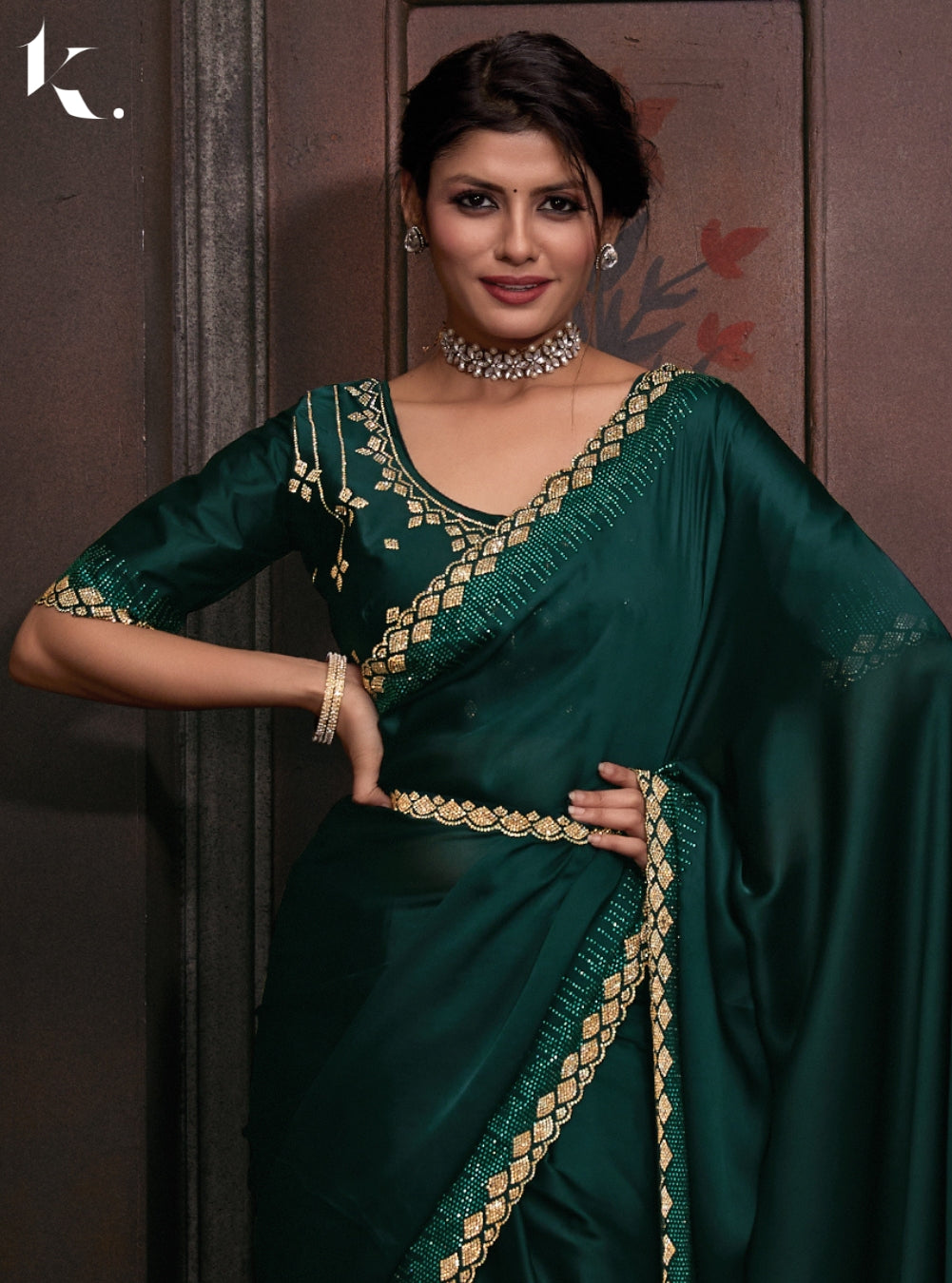 Teal Green Satin Georgette Fabric With Stone Work Festival Wear Saree