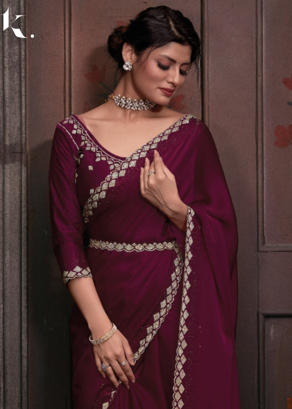 Maroon Satin Georgette Fabric With Stone Work Festival Wear Saree