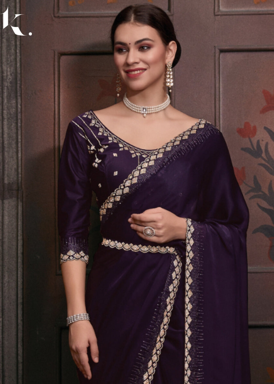 Violet Satin Georgette Fabric With Stone Work Festival Wear Saree