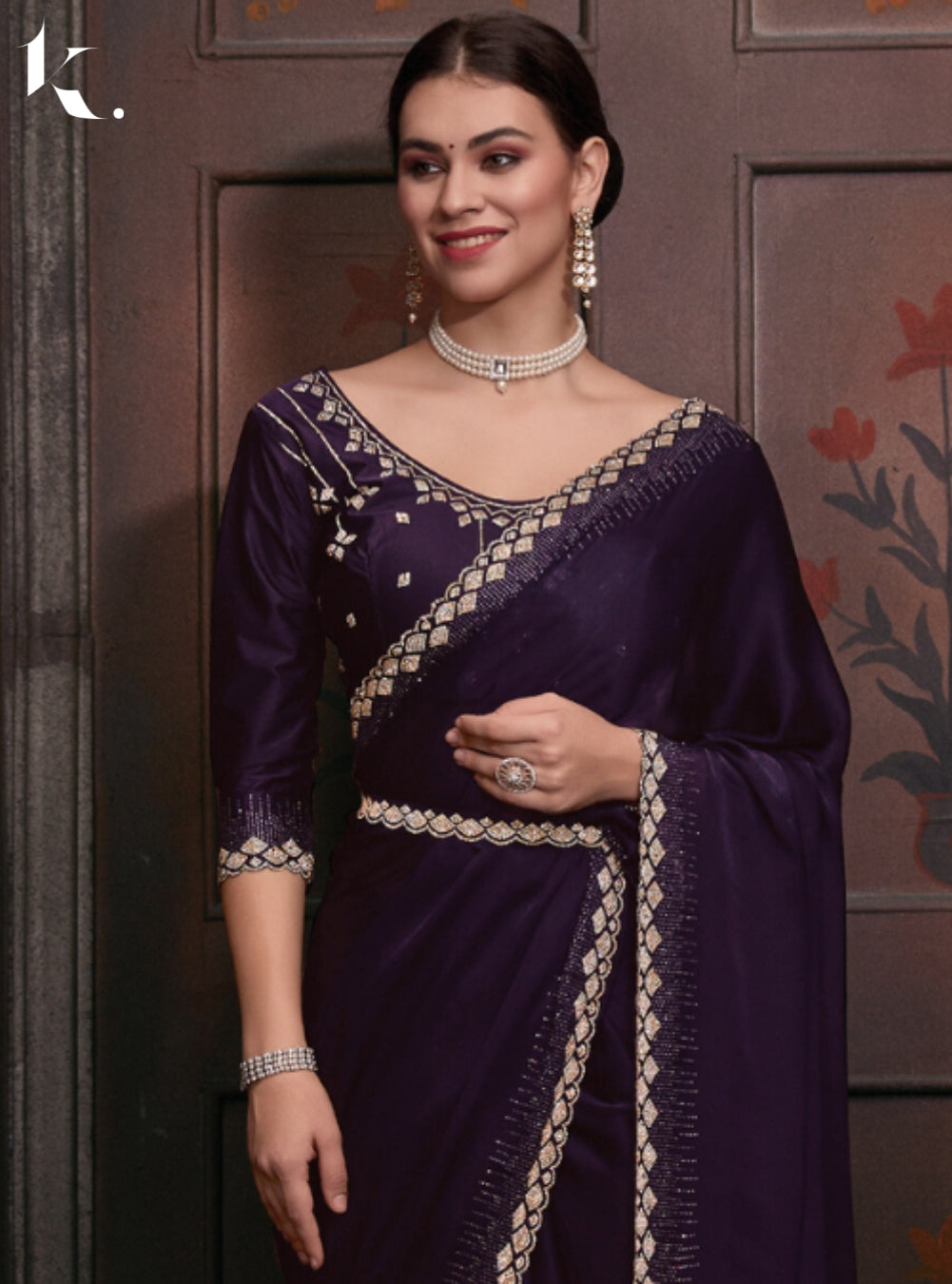 Violet Satin Georgette Fabric With Stone Work Festival Wear Saree