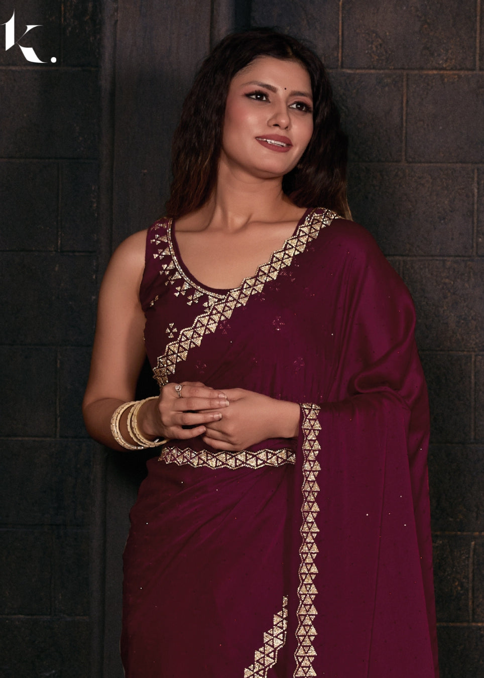 Maroon Classic Satin Georgette With Heavy Zircon Cutwork Border Farewell Wear Saree