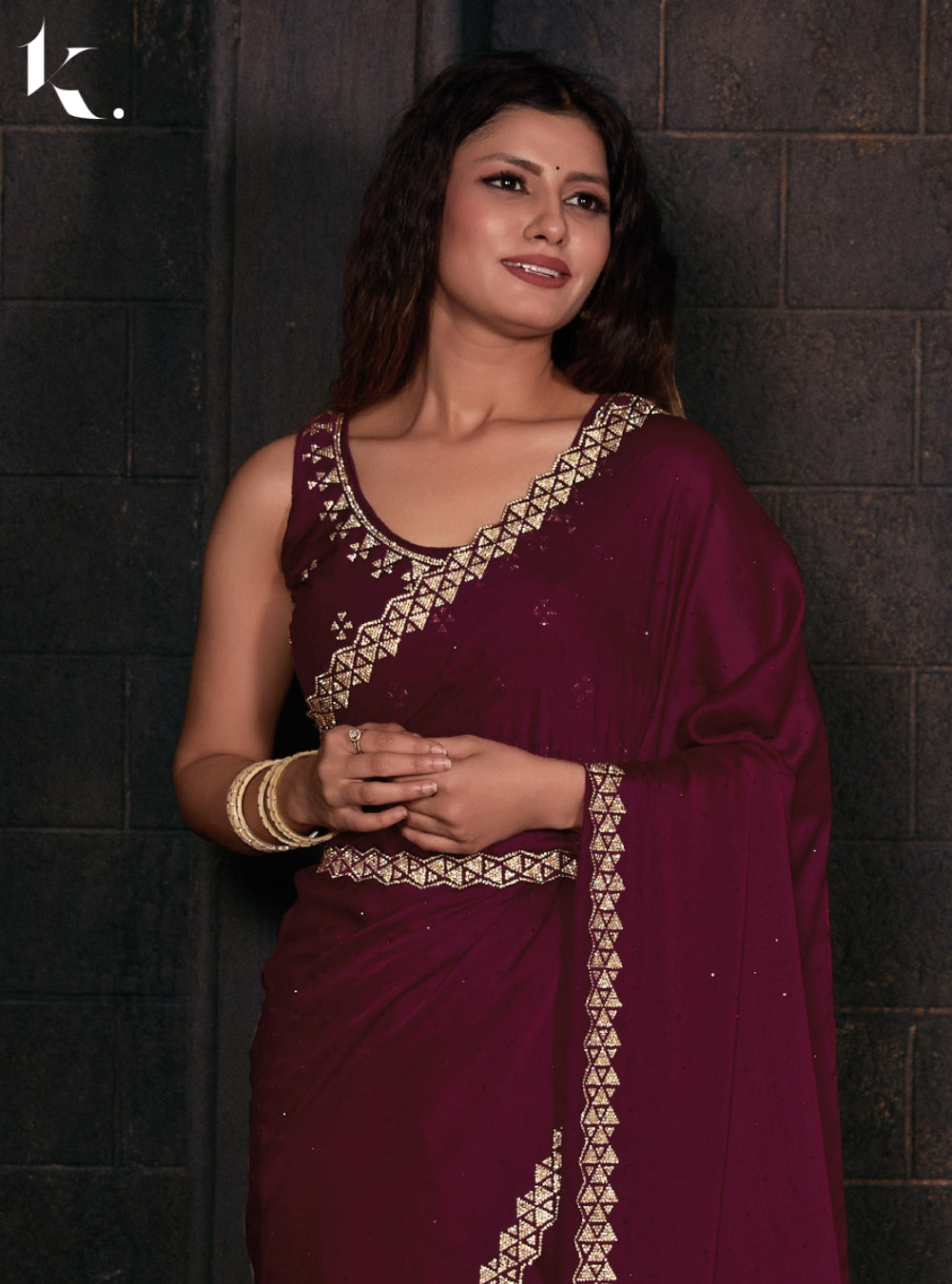 Maroon Classic Satin Georgette With Heavy Zircon Cutwork Border Farewell Wear Saree