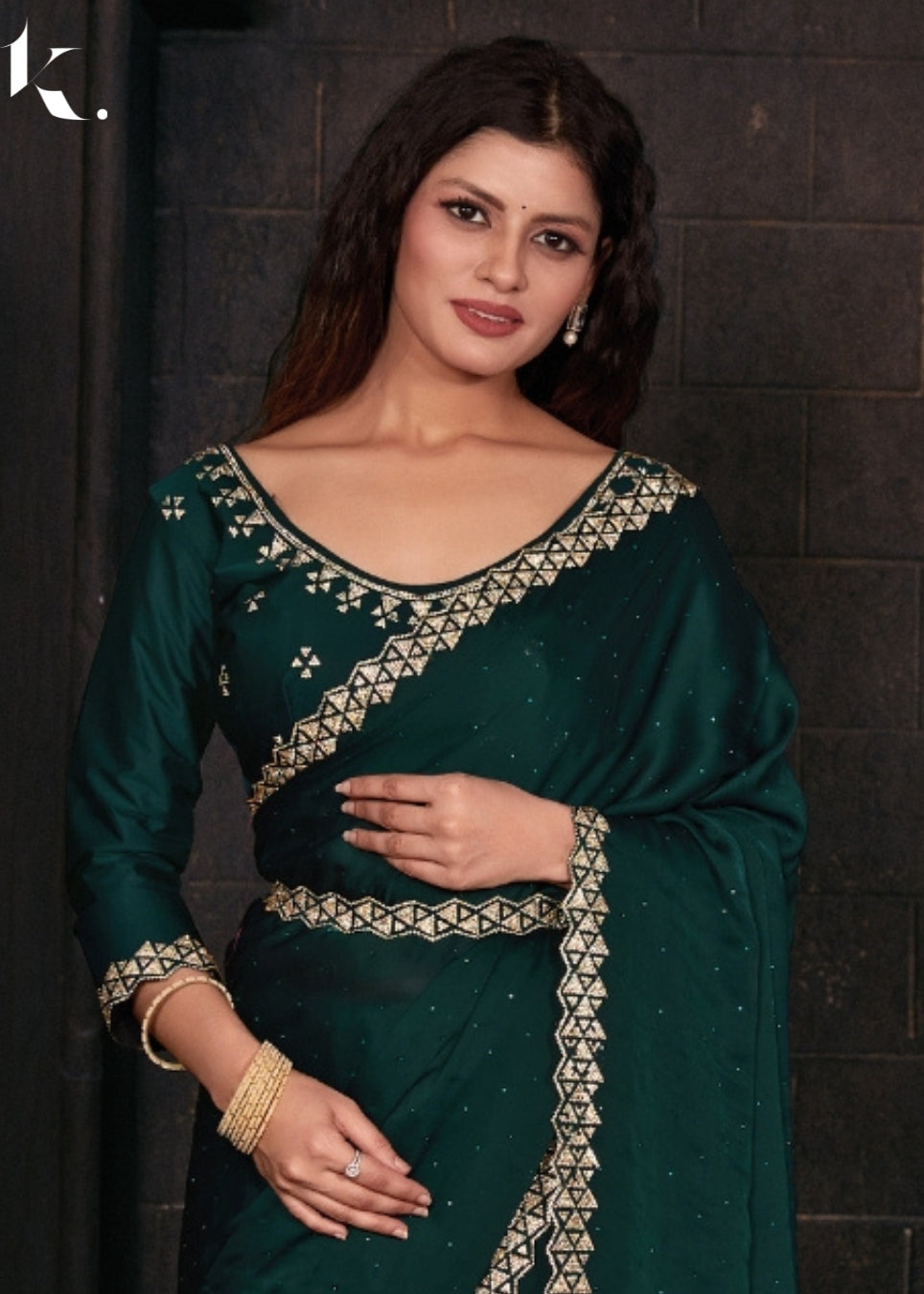 Teal Green Classic Satin Georgette With Heavy Zircon Cutwork Border Farewell Wear Saree