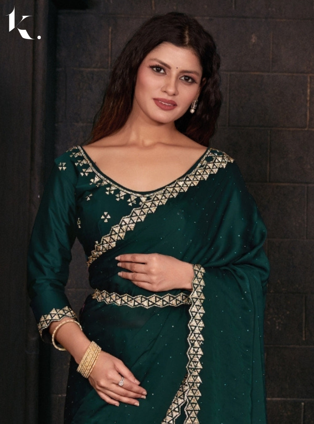 Teal Green Classic Satin Georgette With Heavy Zircon Cutwork Border Farewell Wear Saree