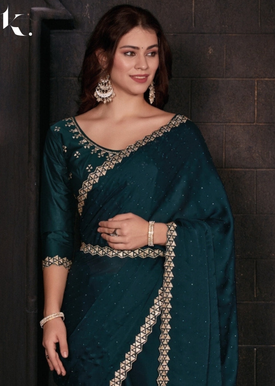 Teal Blue Classic Satin Georgette With Heavy Zircon Cutwork Border Farewell Wear Saree