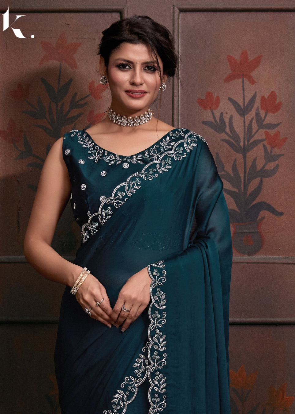 Blue Classic Satin chiffon With Heavy Zircon Cutwork Border Wedding Wear Saree