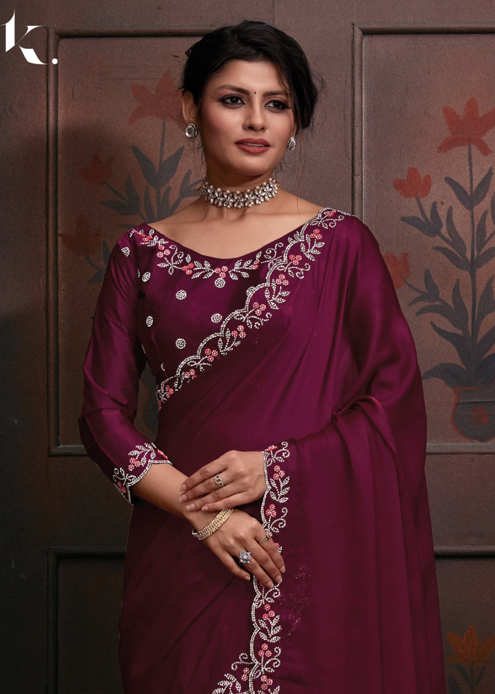 Maroon Classic Satin chiffon With Heavy Zircon Cutwork Border Wedding Wear Saree