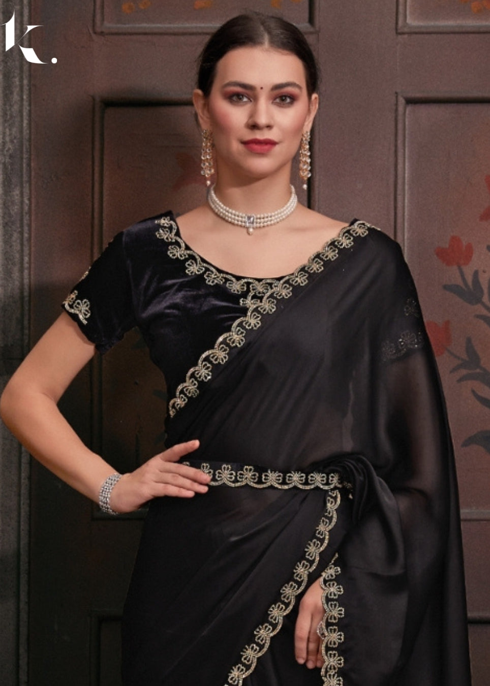 Black Green Satin Georgette Fabric With Stone Work Party Wear Saree