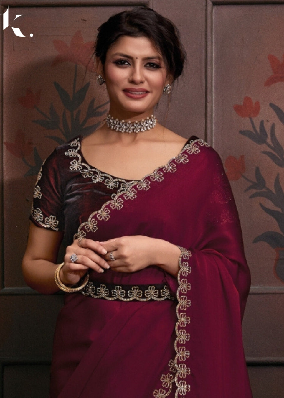 Maroon Satin Georgette Fabric With Stone Work Party Wear Saree