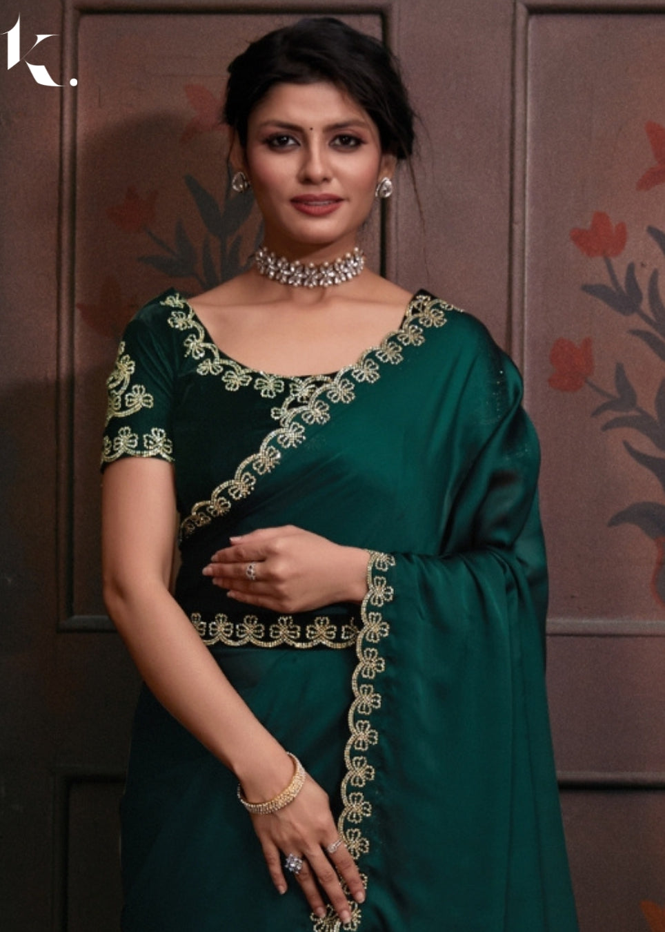 Bottle Green Satin Georgette Fabric With Stone Work Party Wear Saree