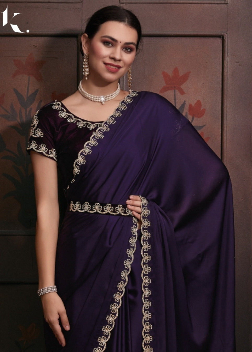 Violet Satin Georgette Fabric With Stone Work Party Wear Saree