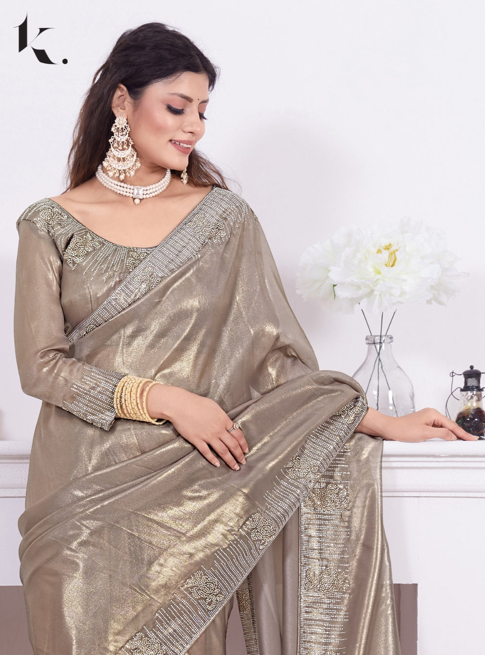 Grey Raina Net Coating Fabric With Stone Work Party Wear Saree