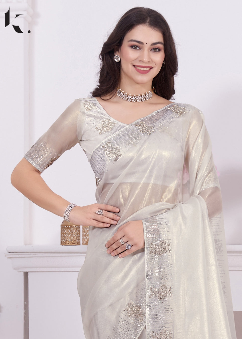 White Raina Net Coating Fabric With Stone Work Party Wear Saree