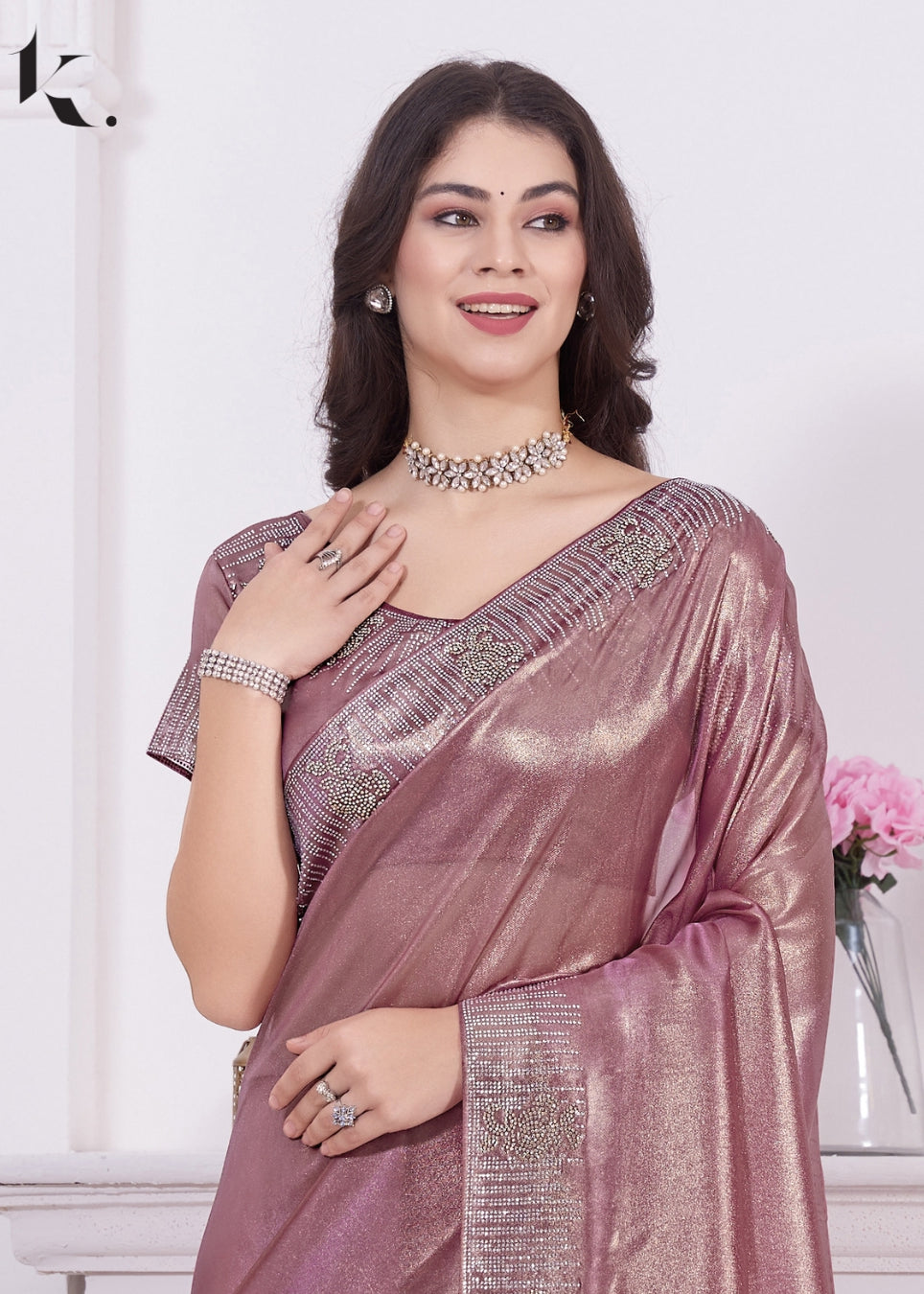 Pink Raina Net Coating Fabric With Stone Work Party Wear Saree