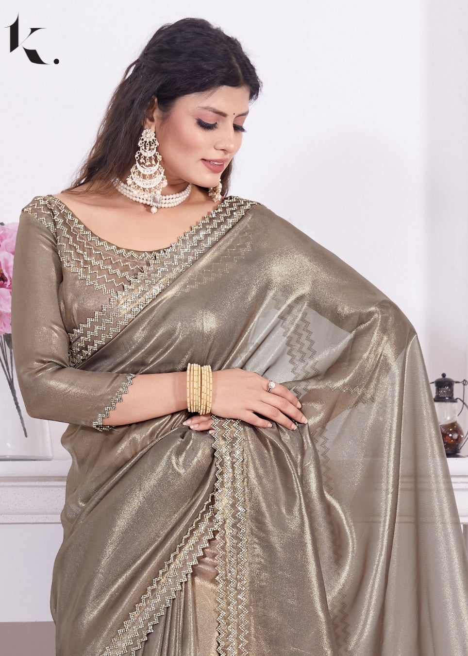 Grey Party Wear Raina Net With Zircon Work Designer Border Saree