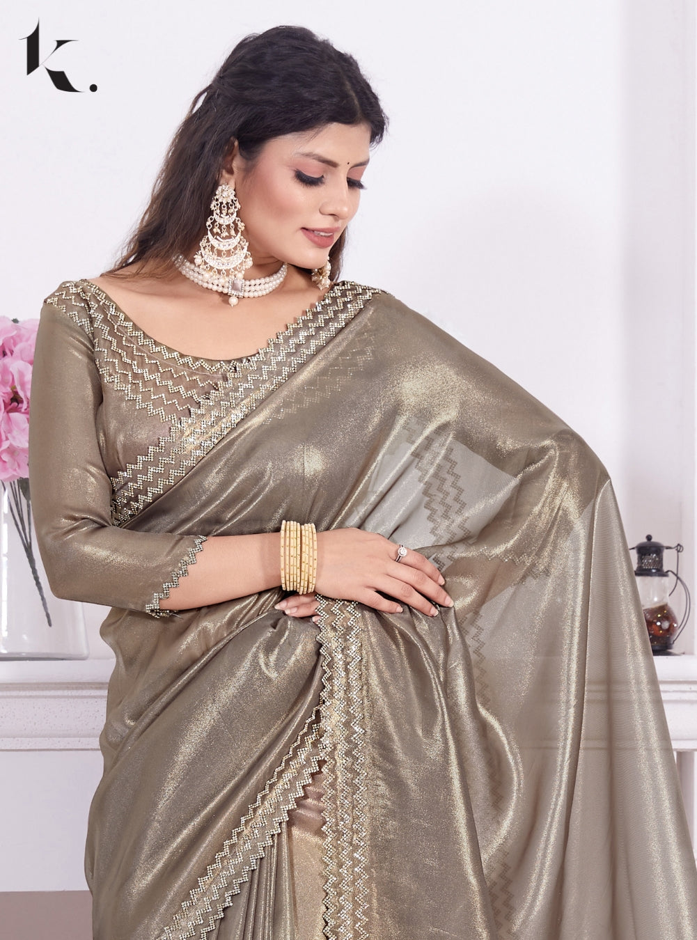 Grey Party Wear Raina Net With Zircon Work Designer Border Saree