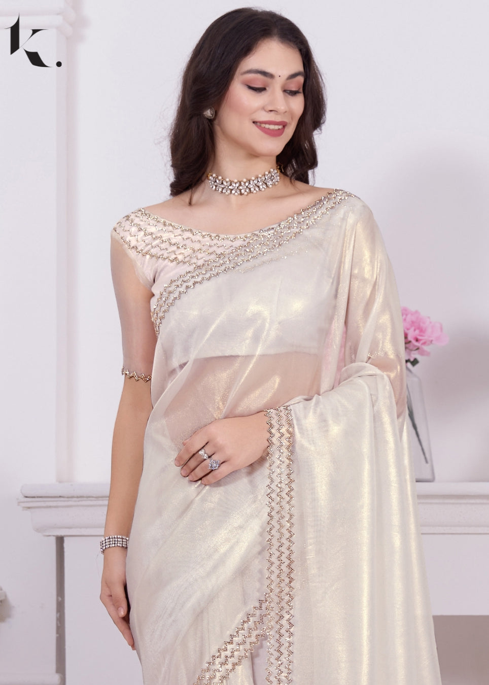 White Party Wear Raina Net With Zircon Work Designer Border Saree