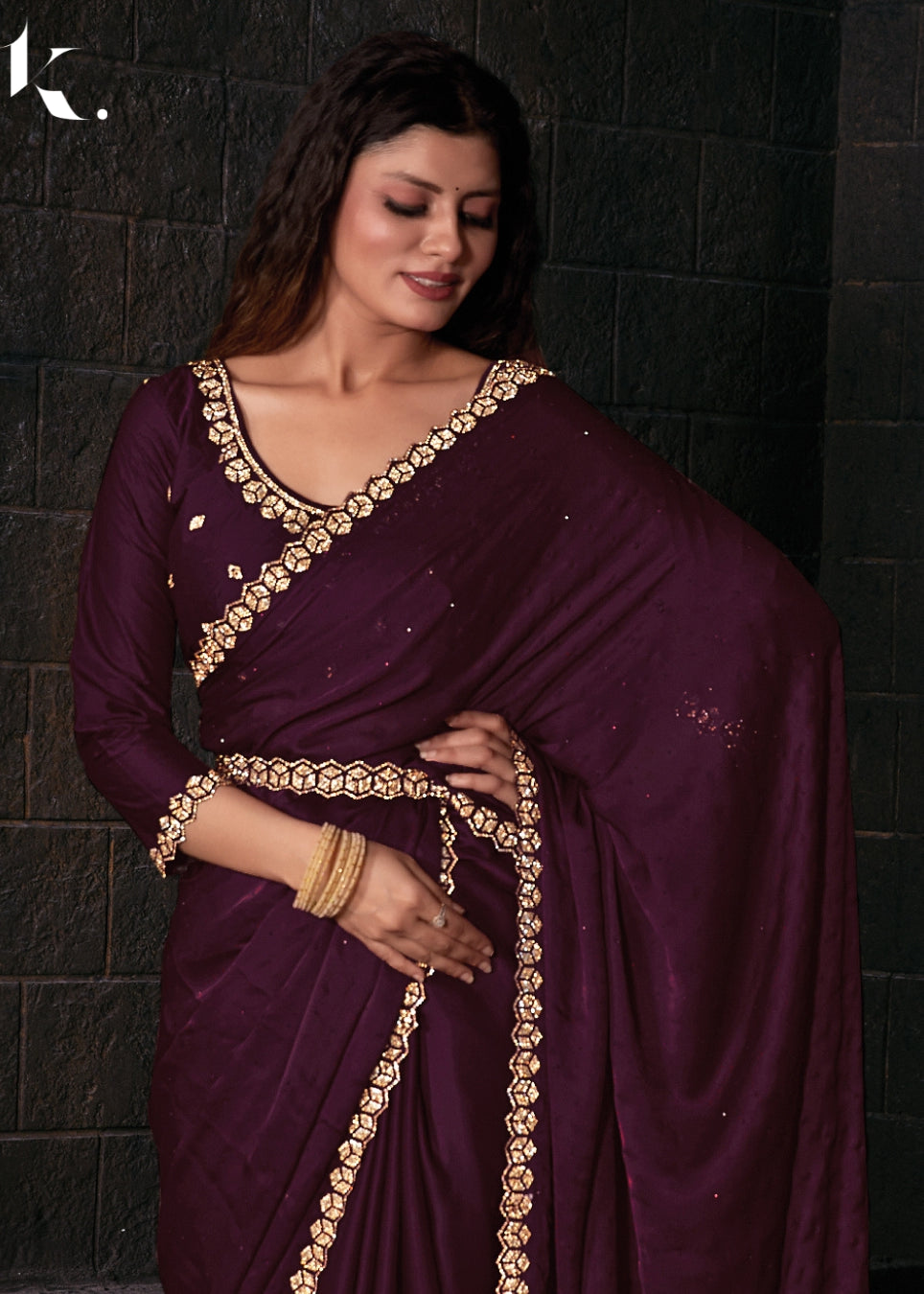 Wine Elegant Pure Satin Georgette With Zircon Border Festival Wear Saree